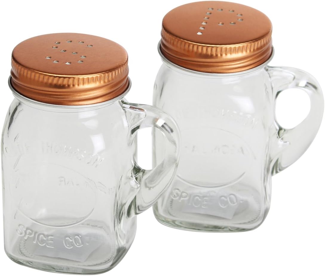 Salt and Pepper Shaker Set Mason Jar with Copper Lid, glass handle, clear box