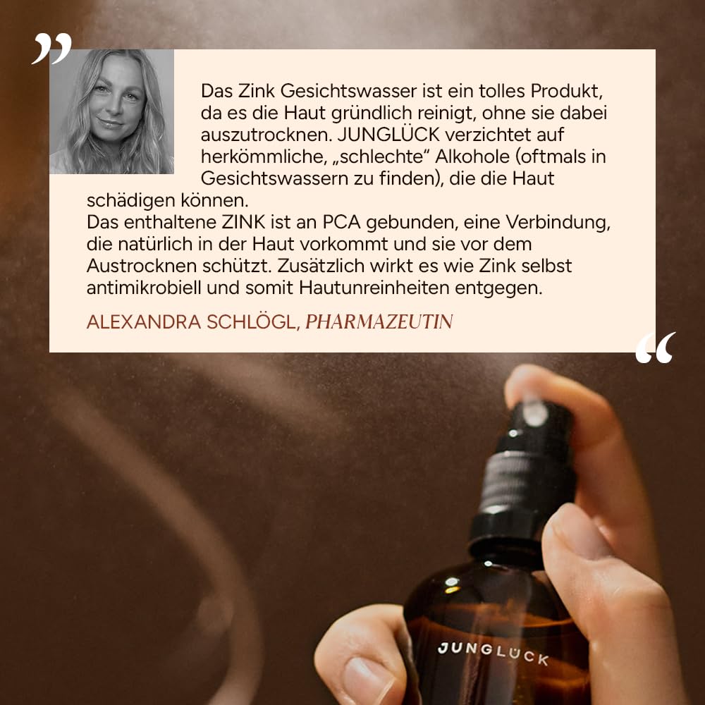 JUNGLÜCK Zink Gesichtswasser Spray - Vegan | Gesichtsreinigung mit BIO Schachtelhalm-Extrakt reguliert die Talgproduktion und klärt deine Haut porentief | Mit Zink und Niacinamid - 100ml