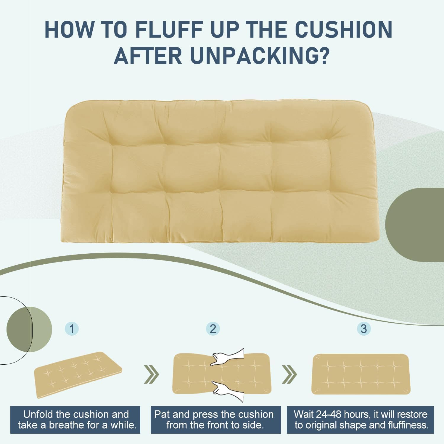 downluxe Outdoor Bench Cushion for Patio Furniture, Water Resistant Tufted Overstuffed Porch Swing Cushions, Thick Outdoor Loveseat Cushions, 44" X 19" X 5", Khaki, Set of 1