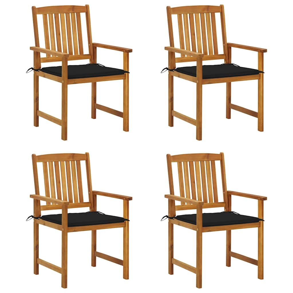 Chaises de jardin en acacia massif avec coussins noirs, lot de 4 fauteuils d'extérieur rustic