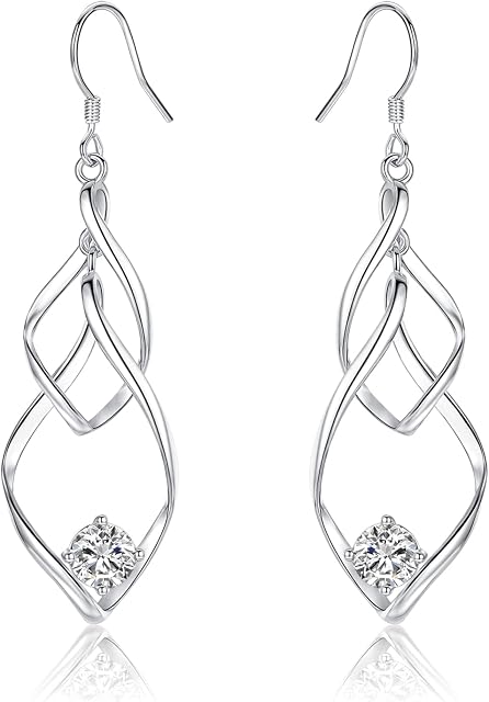 Silver Dangle Earrings for Women Silver Drop Earrings with Cubic Zirconia Double Twisted Linear Marquise Loops French Wire Drop Earrings Costume Jewellery for Women Girls