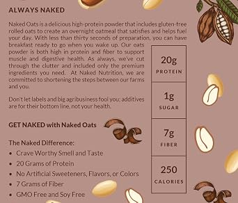 Naked Oats - Chocolate PB Overnight Oats, 20g Grass-Fed Protein, Gluten-Free Oatmeal Instant Breakfast or Shake, High Protein Oatmeal, High Fiber Breakfast Shake, Non GMO, No Soy - 12 Servings