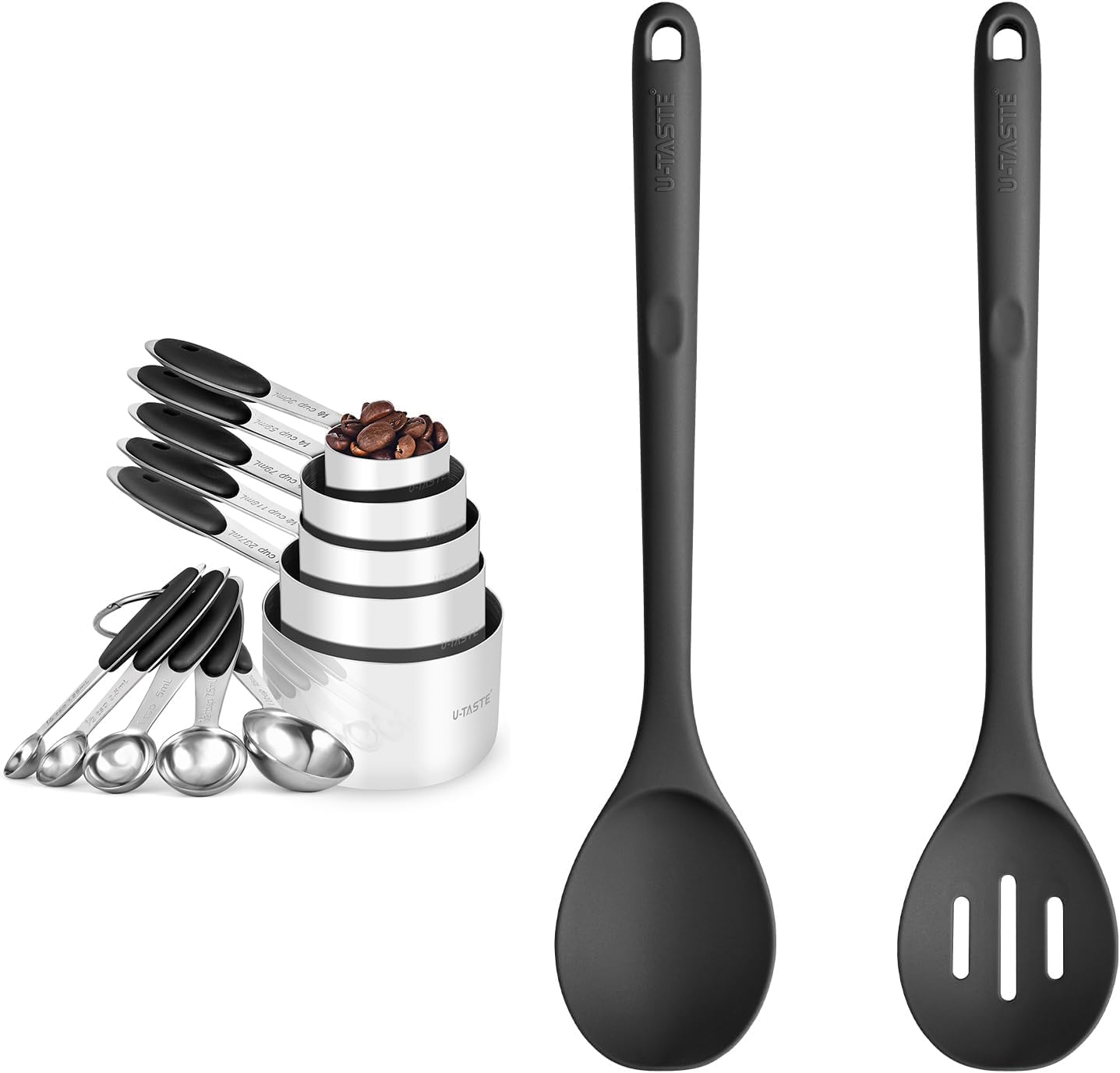 U-Taste 18/8 Stainless Steel Measuring Cups and Spoons Set (Set of 10, Black), and 600℉ Heat Proof Long Non-Scratch Silicone Solid & Slotted Cooking Spoon for Mixing & Serving (Set of 2, Black)