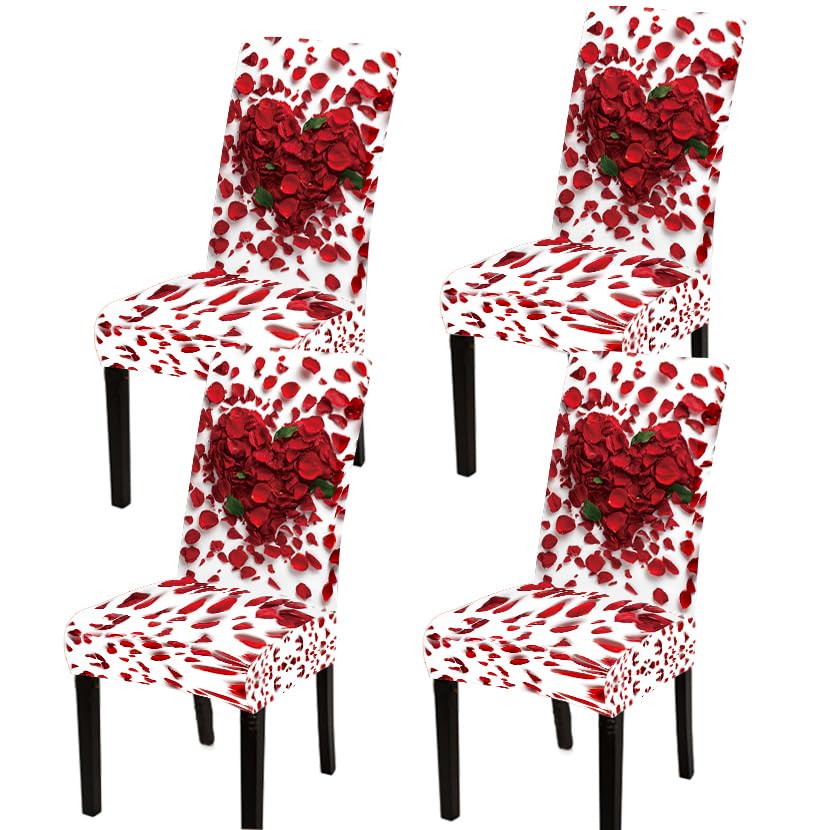Image of Red Rose Petal Heart Dining Chair Covers Set of 4 Slipcover