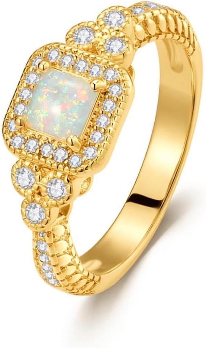 14K Gold Plated Opal Rings for Women Cubic Zirconia Vintage Engagement Gemstone Jewelry Anniversary Ring