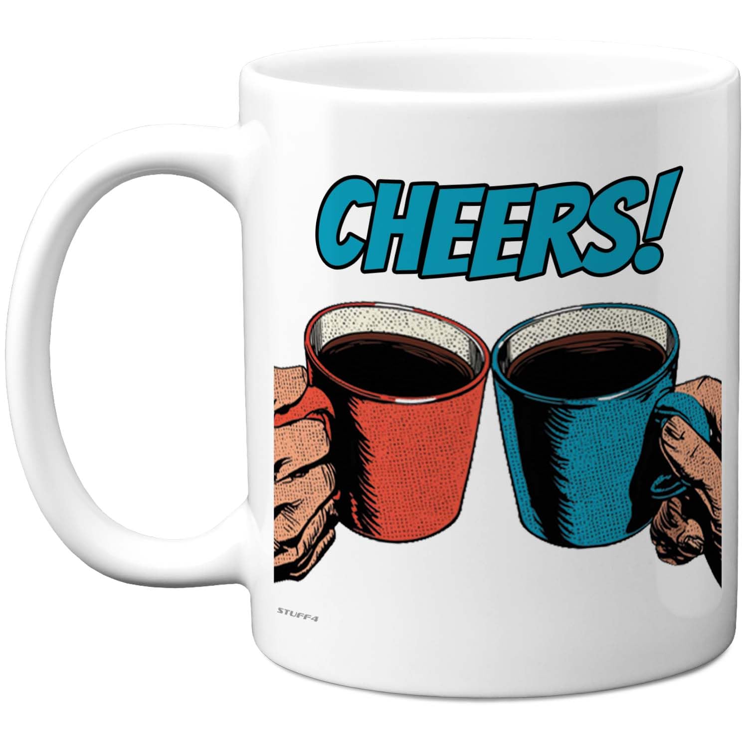 Stuff4 Cheers Mug - Colourful Hands Clinking Coffee for Celebration - Fun Double Sided Print for Everyday Smiles - 11oz Ceramic Gloss Mug