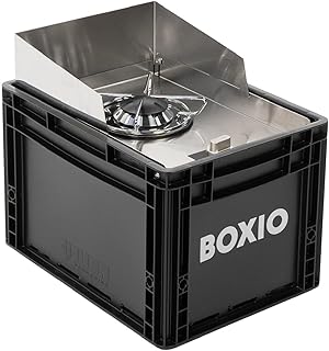 BOXIO - Cook: hornillo de camping todo en uno de acero inoxidable con espacio de almacenamiento y protección contra el viento, cartuchos de gas para camping, exterior, Vanlife y como hornillo de