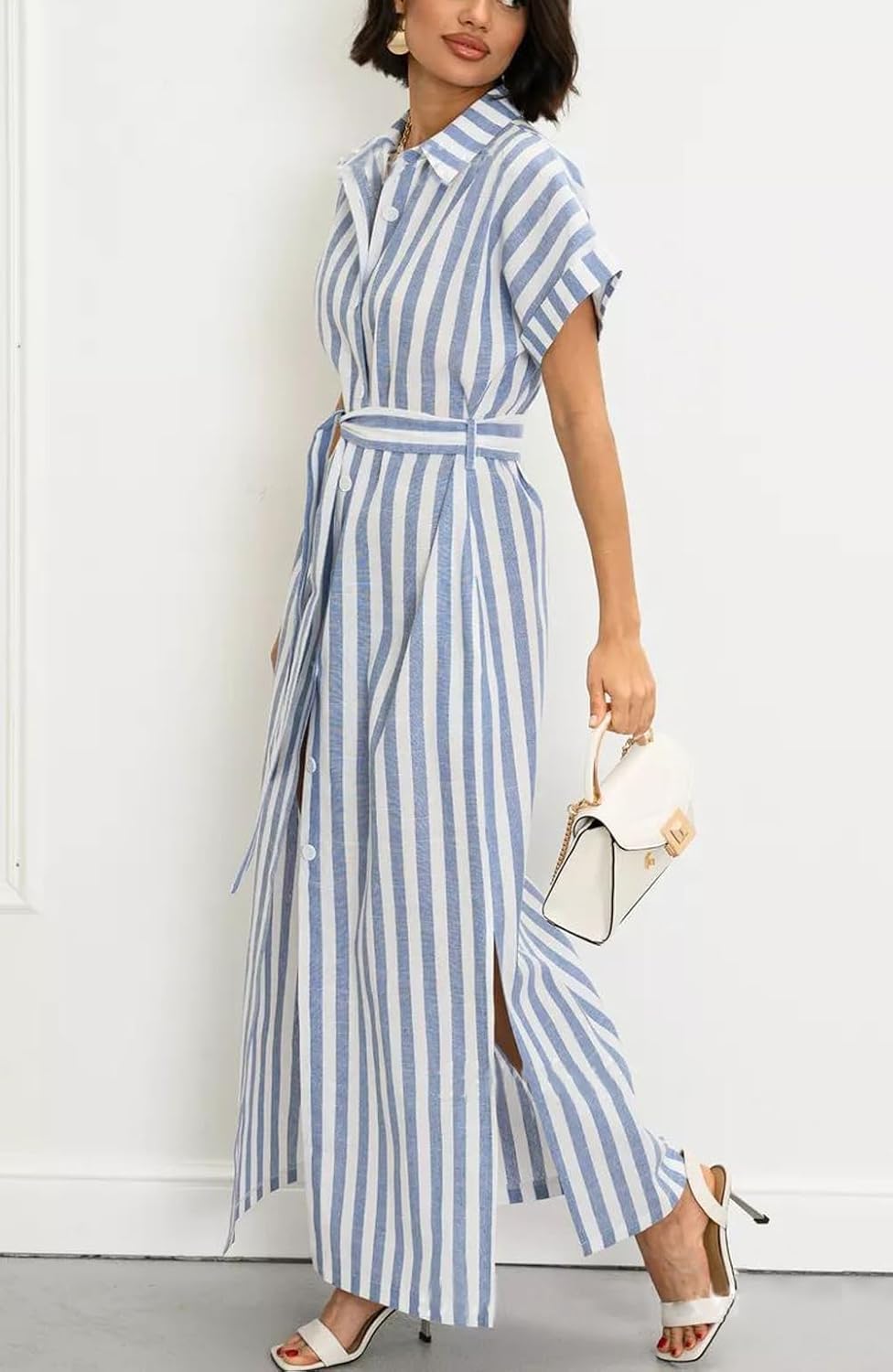 utcoco Women's 2025 Striped Short Sleeve Cotton Maxi Shirt Dress Belted Side Slit Button Down Dress with Pockets - Image 3