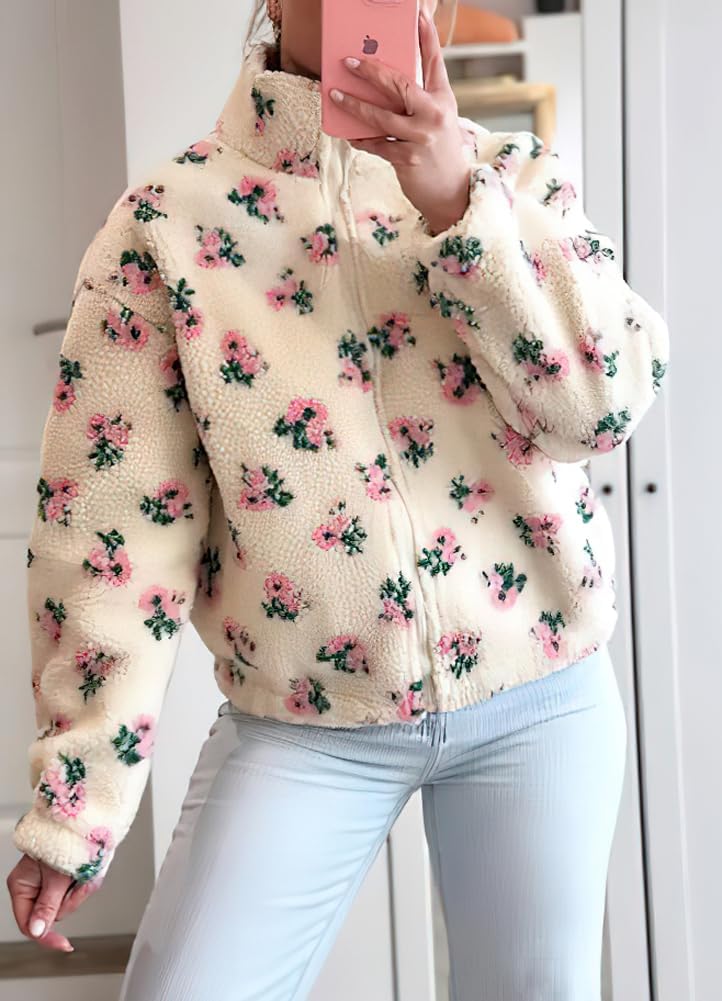 chouyatou Women's Cute Floral Faux Fur Fleece Coat Y2k Casual Stand Collar Zip Up Winter Sherpa Jacket