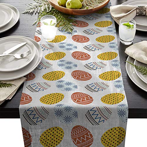 Happy Easter Day Cotton Rectangle Table Runner Easter Day Colorful Egg Table Linens Non-Slip Runners for Home Kitchen Party Wedding Decorations 14x72 inches