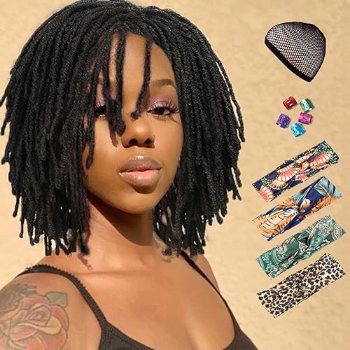WIGNEE Peluca corta afro con rastas de pelo sintético negro natural, pelucas trenzadas cortas para mujeres negras, pelucas sintéticas resistentes al