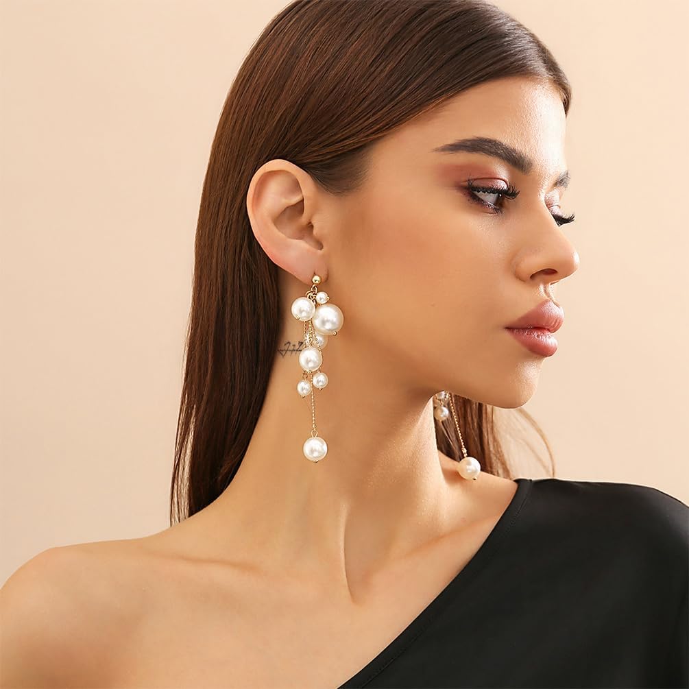 Statement Beaded Pearl Dangling Earrings for Women, Cute Gold Beads Pearls Drop Dangle Earring Long Tassel Stud Y2K Prom Party Jewelry Aesthetic Gift - Image 4