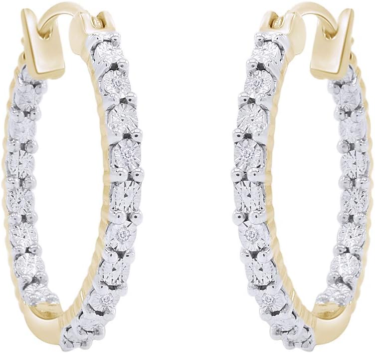 Inside Outside Miracle Plate Natural Diamond Accent Hoop Huggies Earrings in 14k Gold Plated 925 Sterling Silver For Women (0.03 Cttw, I-J Color, I2-I3 Clarity)