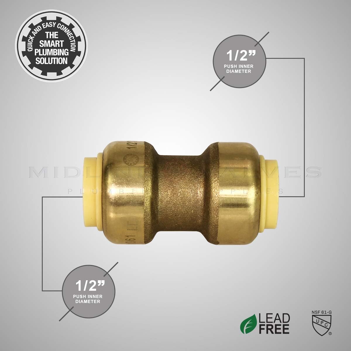 Supply Giant VQTD12-5 Straight Coupling Pipe Fittings Push to Connect Pex Copper, CPVC, 1/2 Inch, Brass Pack of 5