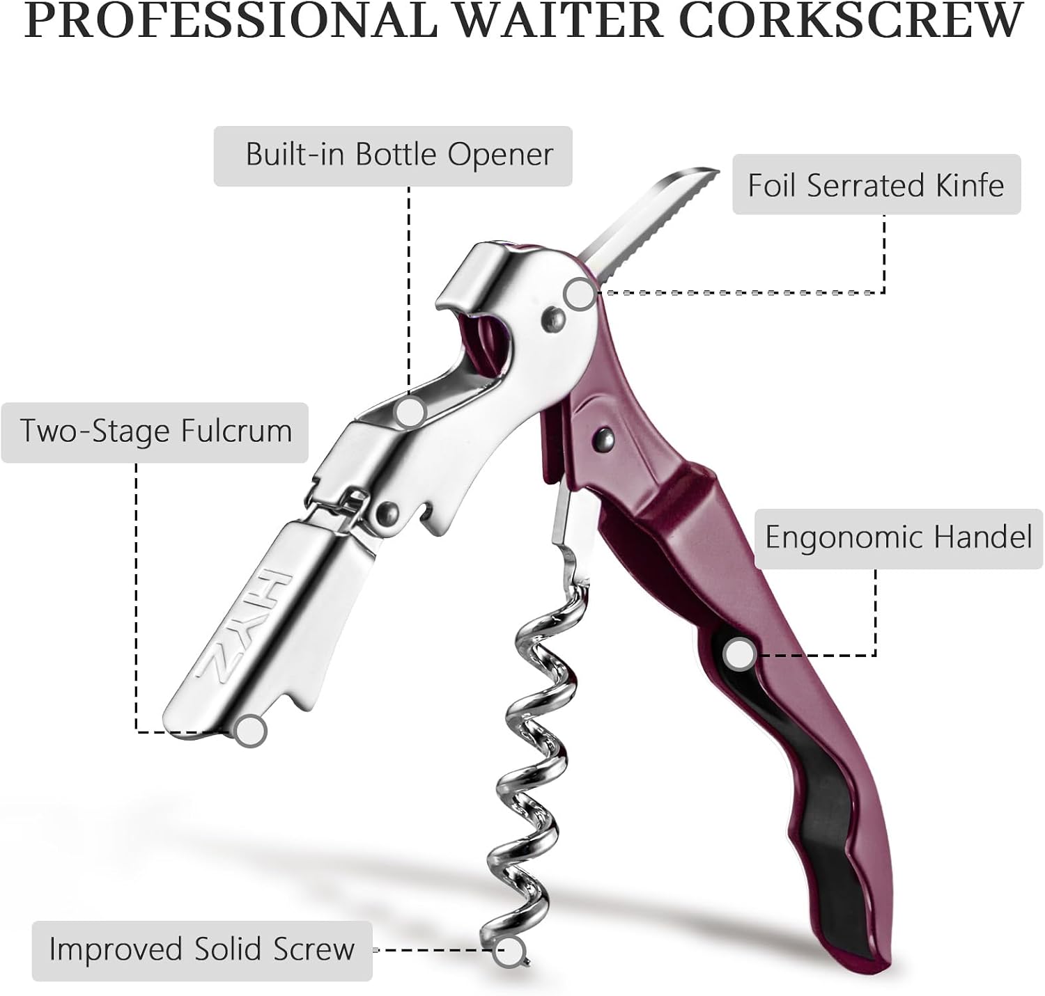 HYZ 2-Pack Wine Opener, Waiter Corkscrew Wine Key for Server, Burgundy image 2