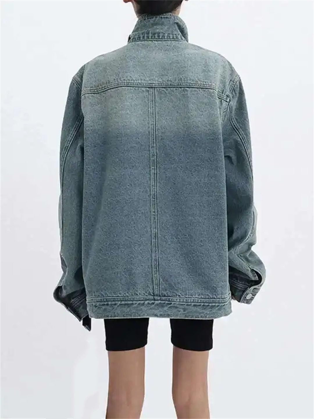 Women's Solid Denim Coat Single Breasted Full Sleeve Long Sleeves Patchwork Jacke - Image 3