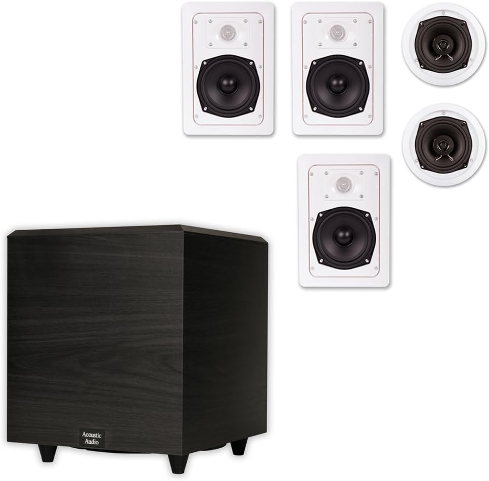 Acoustic Audio 5.1 Speaker System Flush Mount 5 Speaker Set and 10" Powered Sub