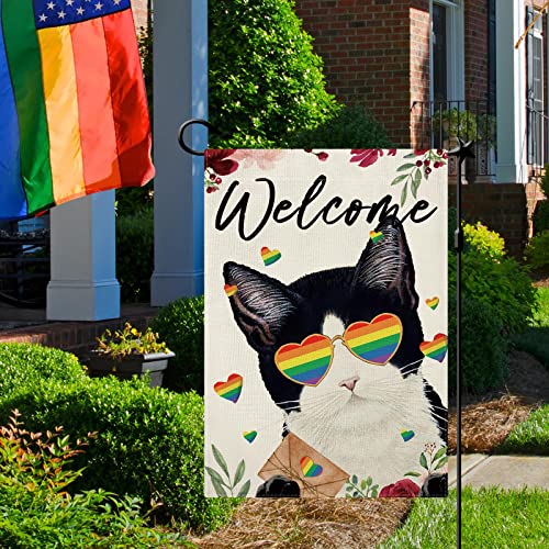Cmegke Welcome Cat Garden Flag, Lgbt Transgender Pansexual Lesbian Gay Garden Flag Vertical Double Sided Burlap Party Holiday Yard Home Farmhouse Outside Decor 12.5 X 18 In #TOP1