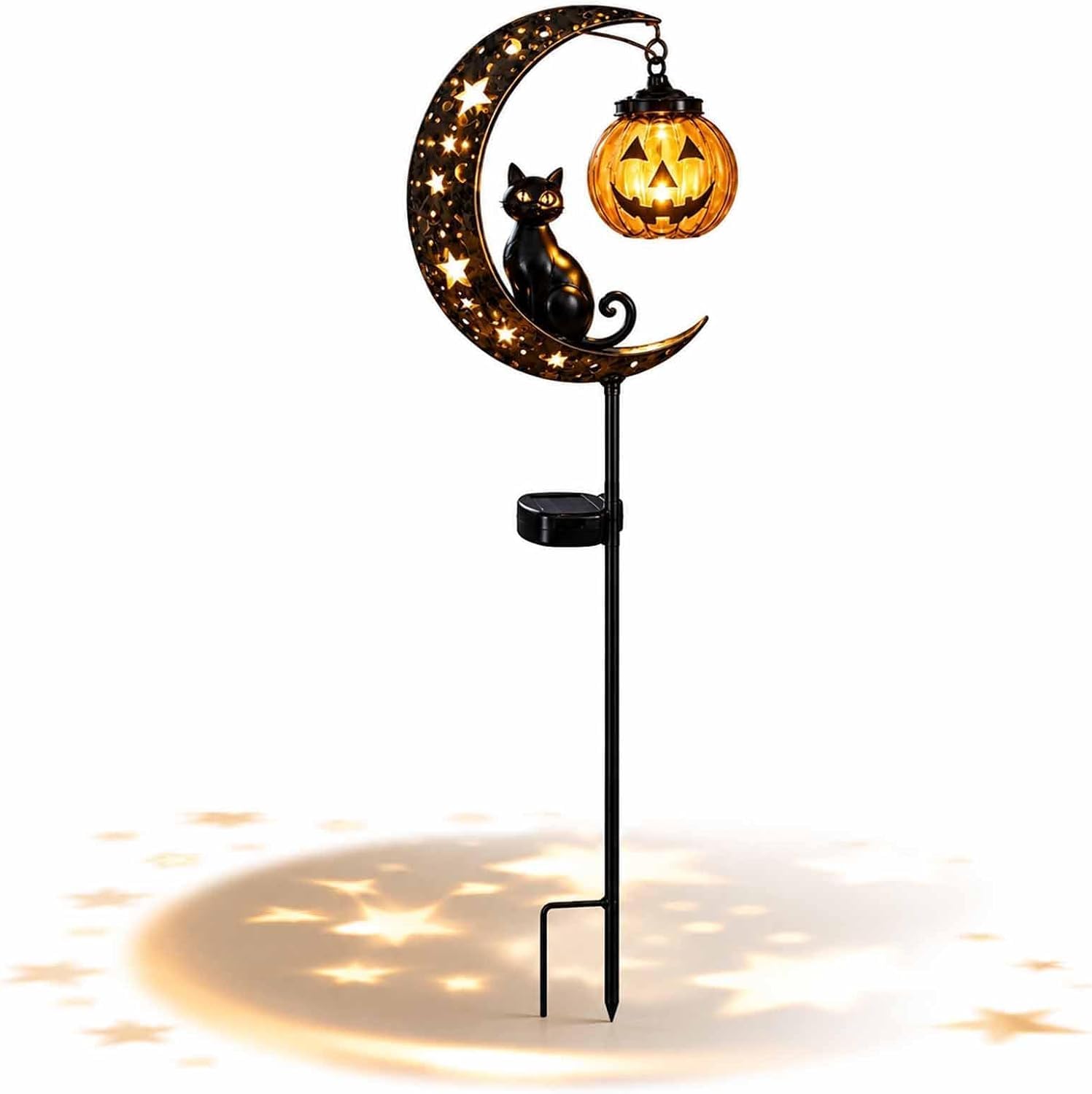 Solar Halloween Black Cat Garden Stake Light, Metal Crescent Moon & Pumpkin Lantern Yard Decor, Auto On/Off Waterproof LED Landscape Lighting for Patio Lawn Pathway