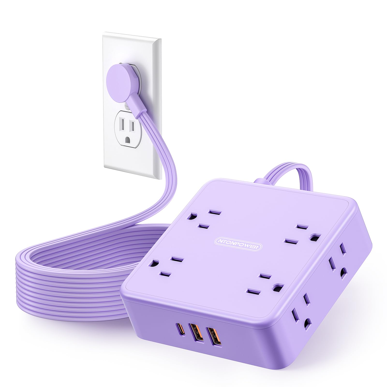 Black Flat Extension Cord 10ft 8 Outlets Extensive 3 USB Ports 1080J Surge Protector Wall Mount Flat Extension Cord for Home Office Purple-image-19