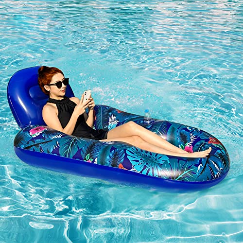 Finduwill Large Pool Lounger Floats - 2Pack 65'' X 42'' Oversized Pool Lounger For Adults, Inflatable Pool Floaties With Cup Holder, Backrest, Footrest, Ultra-Comfort Pool Lounge (Xl, Blue/Green) #TOP3