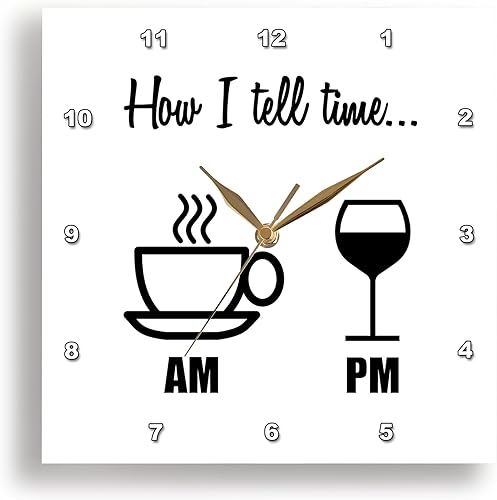 3dRose Reloj de pared silencioso - 15 pulgadas - How I Tell TIME Taza de café AM, Copa de vino PM - Anne Colecciones Citas