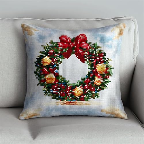 AMBATTERY Needlework Cushion Kit, Christmas Wreath DIY Cross Stitch Cushion Kits Cross Stitch Kits for Adults 45X45cm Cushion Embroidery Kit 11ct Decoration Embroidery Pillow Case