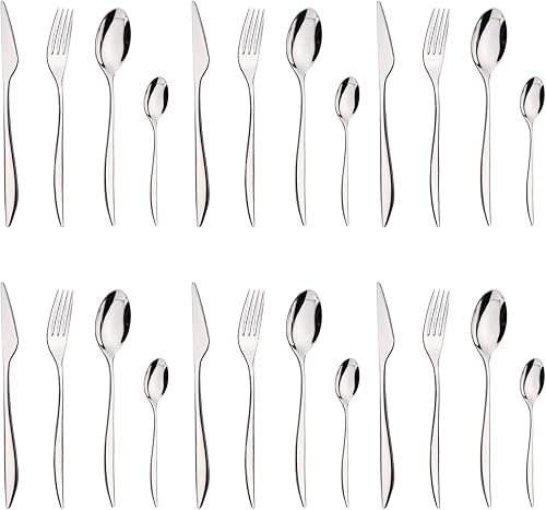 JASHII Juego de cubiertos de acero inoxidable 304 de 24 piezas de cubiertos plateados de lujo con mango plano único, cucharadas y tenedores para