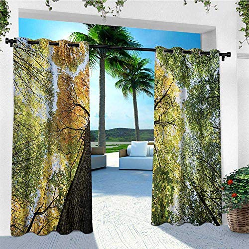 Tree, Outdoor Curtain Extra Wide, Ancient Forest in Autumn Green Nature Deciduous Foliage Growth Eco, for Patio Furniture W120 x L108 Inch Pale Green Dark Brown Yellow