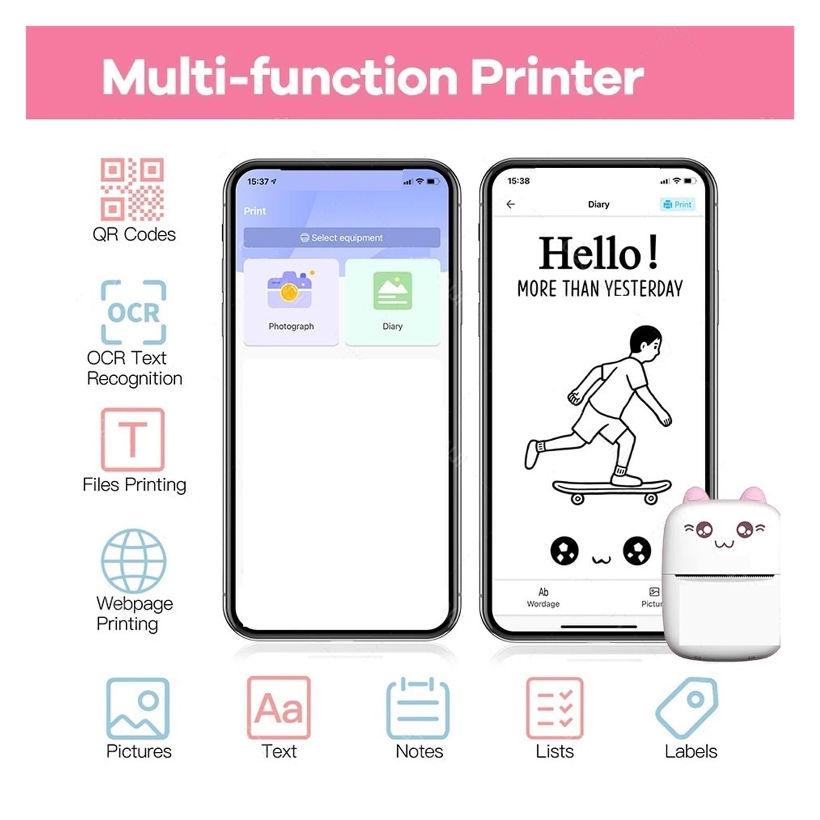 Mini Stampante For Etichette Stampanti Termiche Tascabili Adesivi Carta Senza Inchiostro Wireless Stampa Chiara(PK add 3Paper)