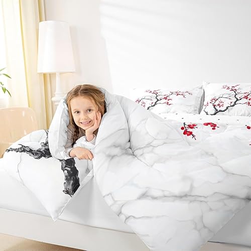 Miniatura 6 de Erosebridal Juego de ropa de cama de 3 piezas con diseño de flor de cerezo, juego de edredón de mármol blanco y gris para niñas y mujeres, edredón