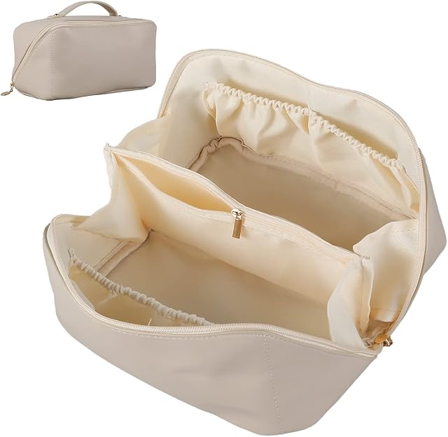 Large Capacity Travel Cosmetic Bag Leather Makeup Bag Portable Travel Toiletry Bag Waterproof Organizer with Handle and Zipper(White)