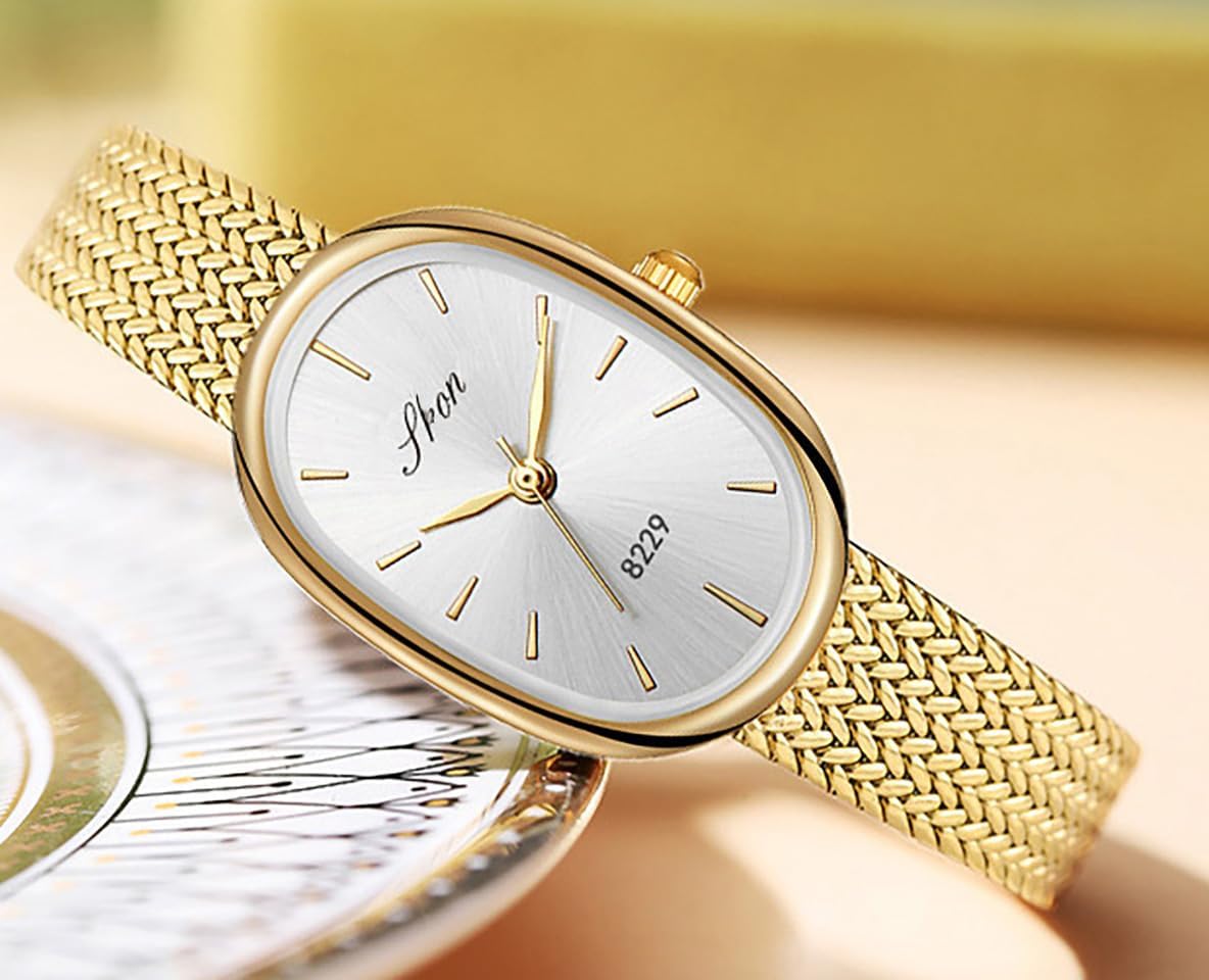 LOREO Elegant Watches for Women Oval Quartz Watch Ultra-Thin Dial, Stainless Steel Mesh Band, Fashion Gold Wristwatch, Easy Reader Ladies Dress Watch - Image 3
