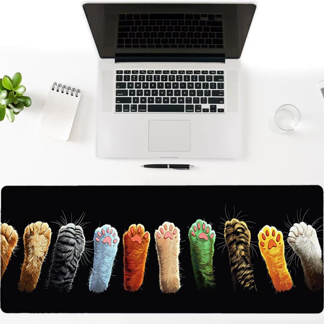 Podkładka pod mysz do gier XXL - 1600x800x3mm - duża antypoślizgowa podkładka pod klawiaturę dla kota z przeszytymi krawędziami, czarna duża podkładka pod mysz do gier do biura i domu, poprawia