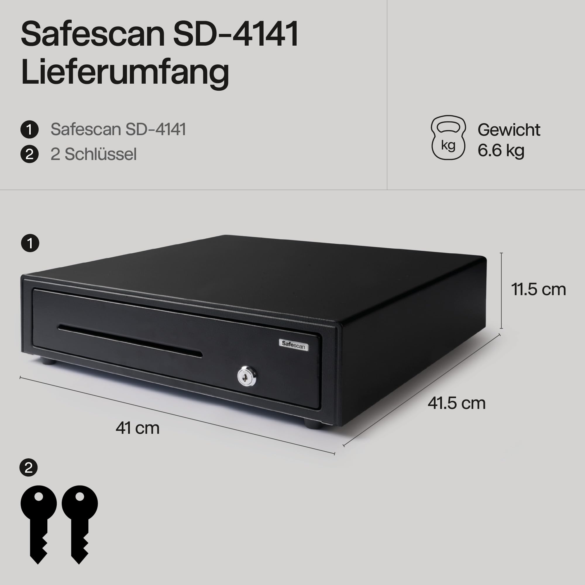 Safescan SD-4141 Standard-Duty Cash Drawer 4 Note 8 Coin Slots RJ-12 Connection 41x41.5x11.5 cm