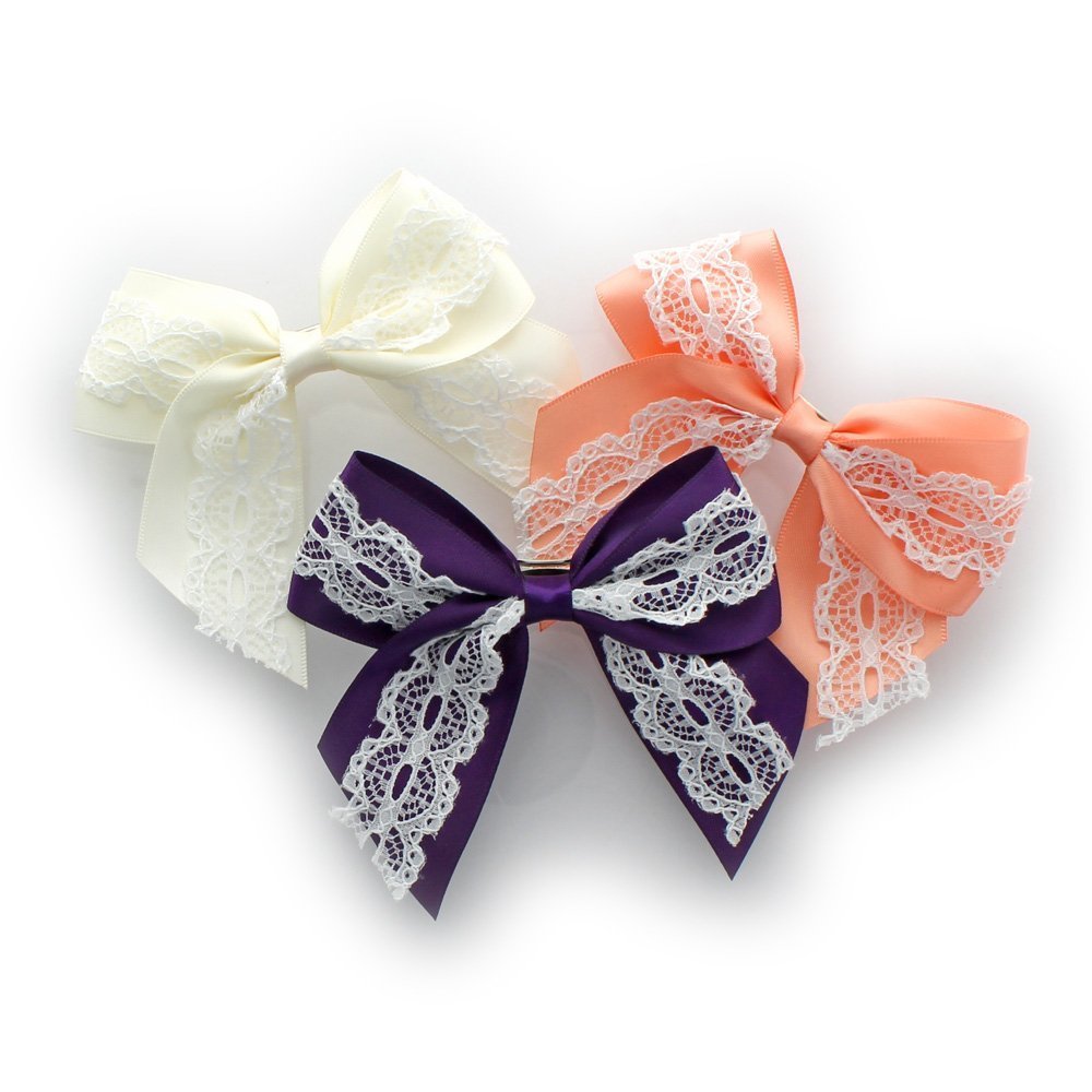 My Lello Medium 4" Girls Hair-Bow Barrette Satin & Lace Mixed Variety 3 Pack Gray/Black/White