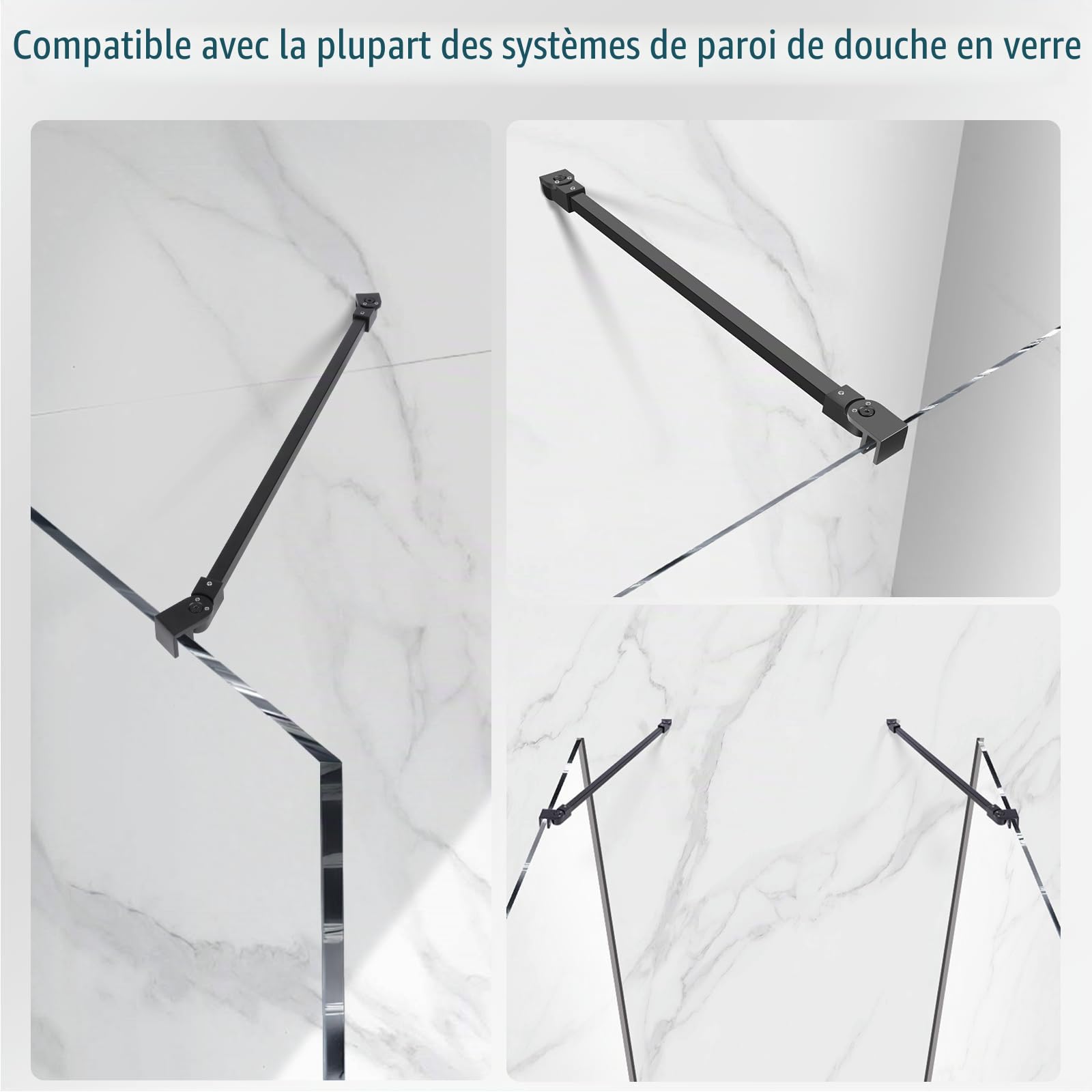 SVNR Barre de support pour écran de douche en acier inoxydable, 500 mm, rotative à 180°, épaisseur du verre de 6 à 10 mm (noir mat)