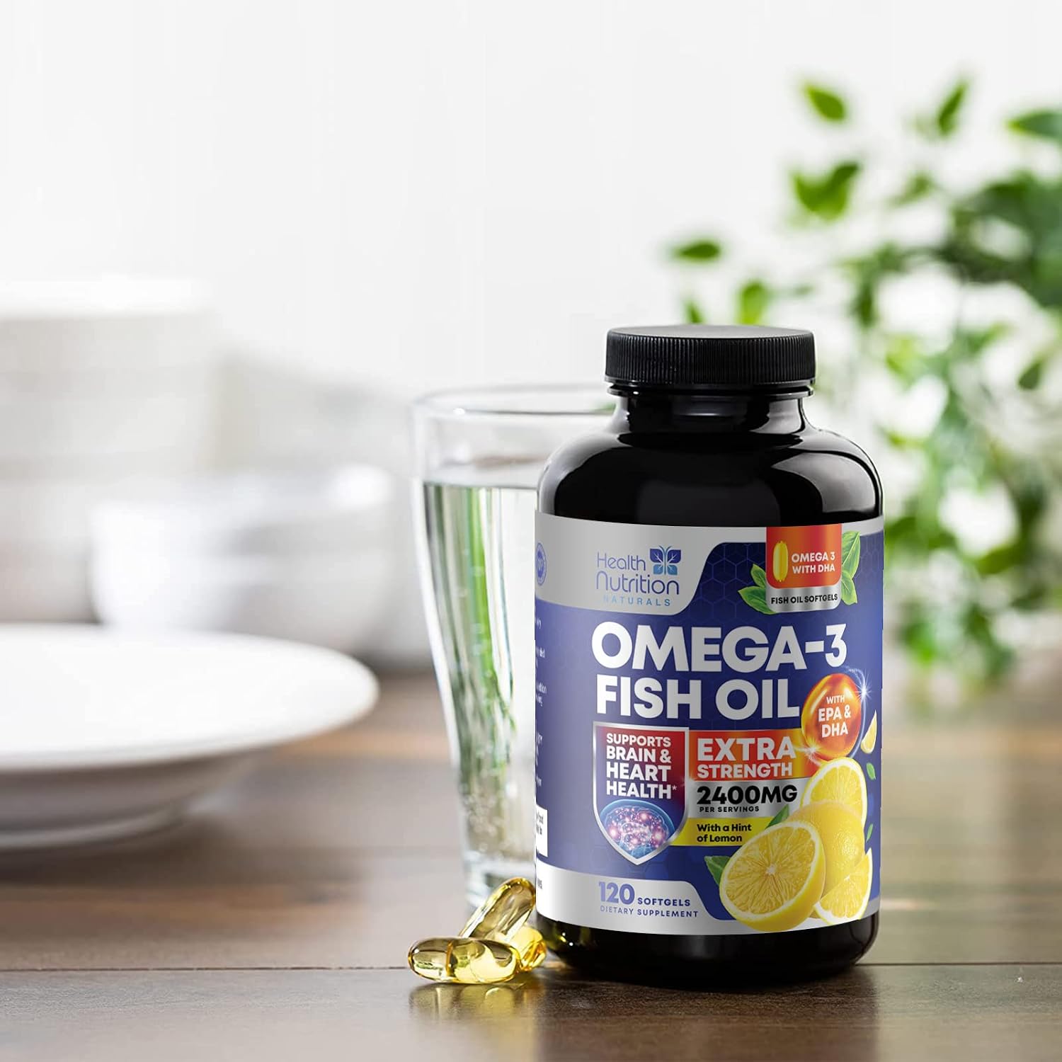 Fish Oil 2400 mg with Omega 3 EPA & DHA - Triple Strength Omega 3 Supplement - Omega 3 Fish Oil Supports Heart Health Natural's Brain & Immune Support - Non-GMO Fish Oil Supplements - 120 Softgels