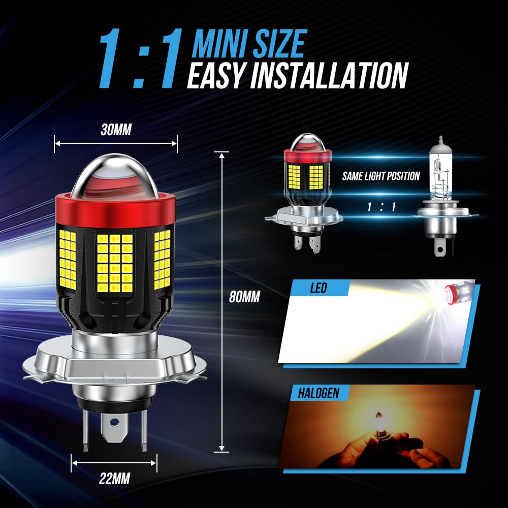 H4 LED Ampoule de phare de moto blanc, 2800 lm, luminosité 300% HB2 9003 H4, kit de conversion tout-en-un à faisceau haut/bas pour moto scooter 12-80V
