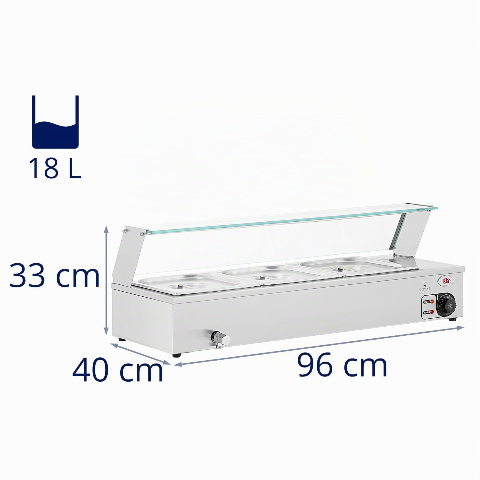 Royal Catering Baño María Profesional para Hostelería RCBM_GN1/2_2 (Potencia: 2000 W, Cantidad de contenedores GN: 3, Volumen total: 3 x 6 L)