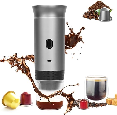 Cafetera portátil eléctrica, portátil para viajes, cafetera de campamento 3 en 1 para cápsulas NS y café molido, cafetera de auto con calefacción