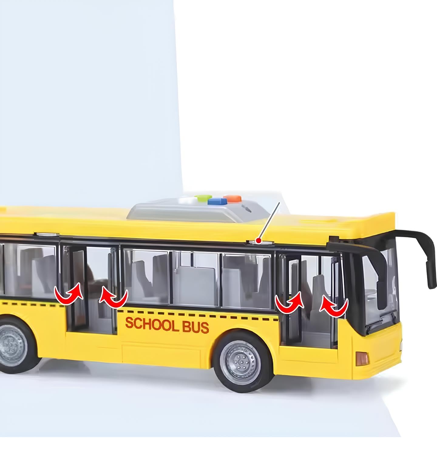Bus Spielzeug Lichter und Sound Bus groß 28 cm Pullman Spielzeug für Kinder Lichter Geräusche Reibungsbewegung Türen öffnen Schule Buss Multifunktions Maßstab 1:16, verschiedene Farben zufällig