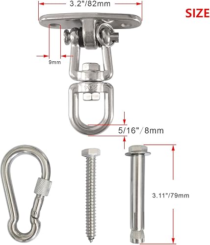 Miniatura 2 de Juego de 2 ganchos de suspensión giratorios de 360 para montaje en techo con capacidad de 1500 libras con tornillos de perno, mosquetón de bloqueo