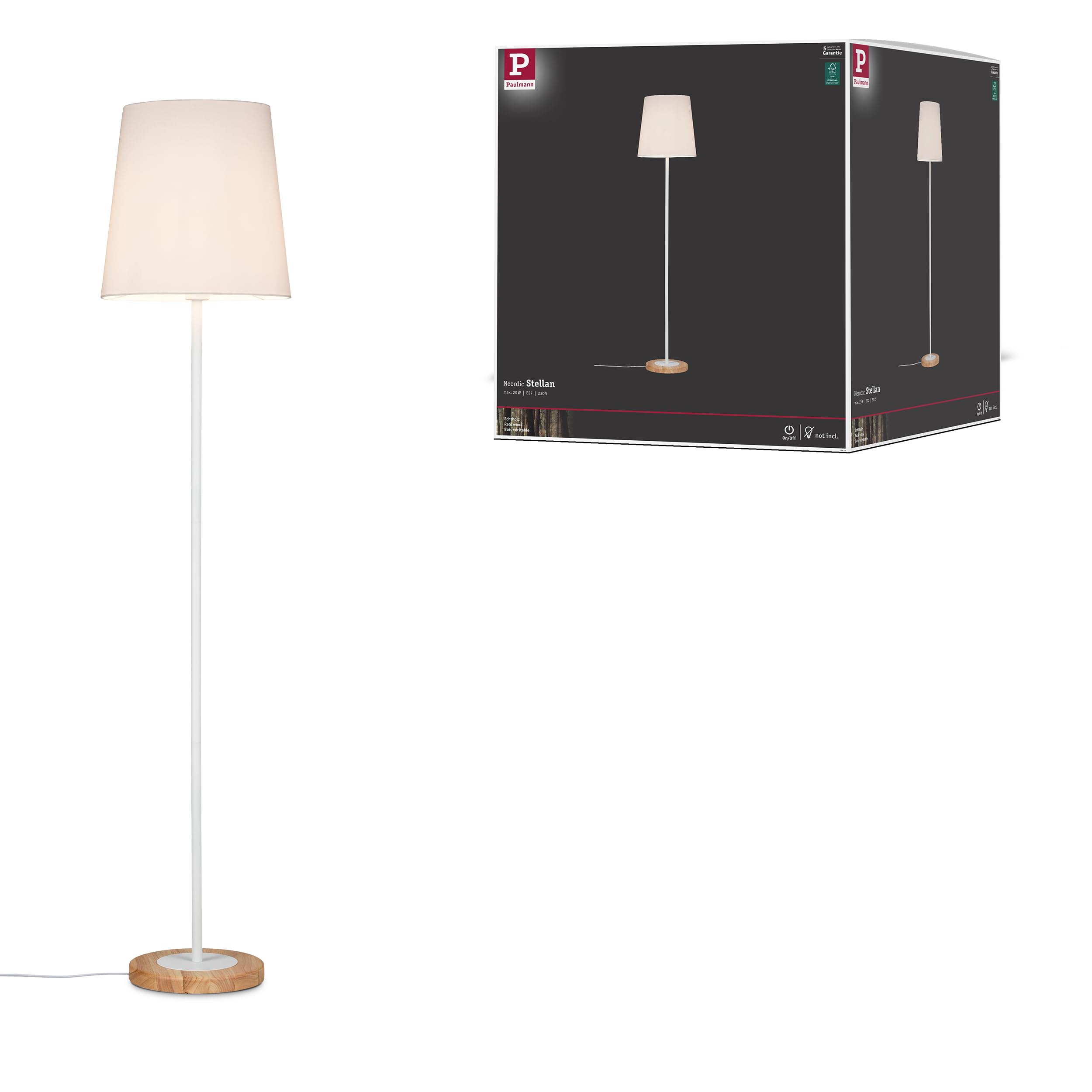 Paulmann 79634 Neordic Stellan Floor luminaire max. 1x20W Floor lamp for E27 Lamps Floor luminaire with Fabric Shade White/Wood 230V Without lamp