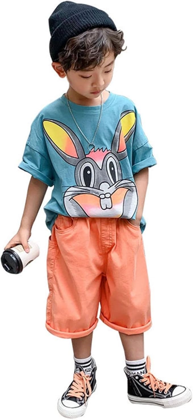 Amazon 子供服 男の子 うさぎ カートゥーン かっこいい 110cm 160cm 夏服 キッズ ボーイズ 上下セット セットアップ 丸首 半袖 ショートパンツ ハーフパンツ 柔らかい 肌触り良い 吸汗 通気 快適 カジュアル ファッション おしゃれ Tシャツ カットソー 通販