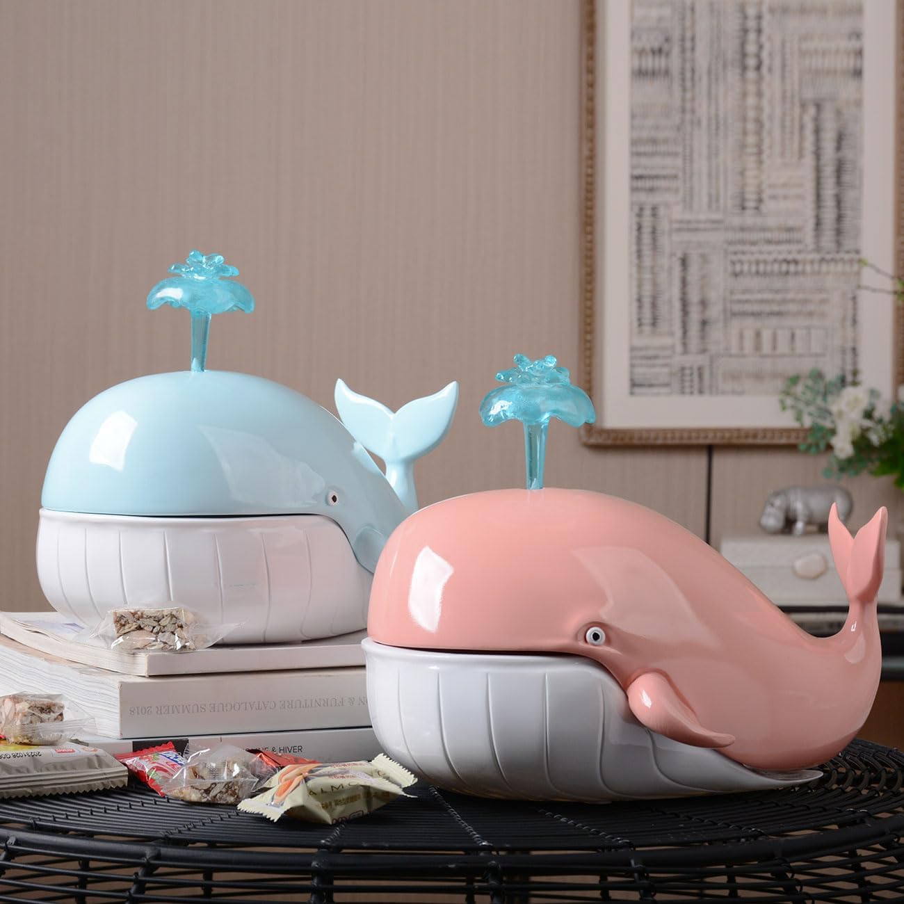HAUCOZE Whale Candy Dish Cookie Jar Storage Statue Modern Home Decor Sculpture Table Centerpiece Gift for Living Room Red 9.1 Inch