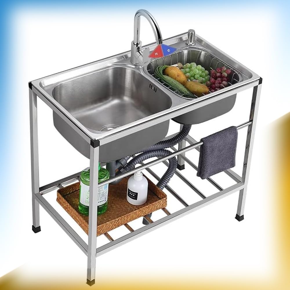 TAXXII Indoor Outdoor Freestanding Kitchen Sink Stainless Steel Washing Hand Basin Commercial Utility With Faucet Multipurpose Prep (Color : Cold, Size 75x40cm(29.5x15.7in))