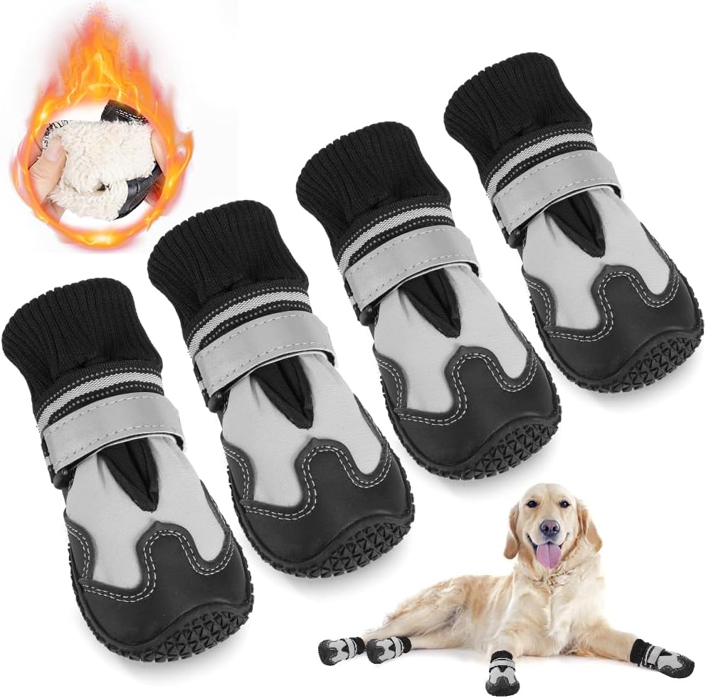 SlowTon Dog Winter Boots, Waterproof Dog Shoes Warm Fleece Lined for Small Medium Large Breed