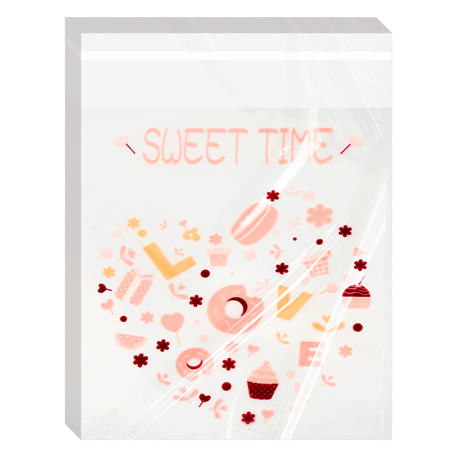 Rumyve OPP Cellophane Bags, 100 Self-Adhesive Cookie Bags, 10 x 10 cm (Love Dessert), Pink, Disposable, Airtight, Self Seal, Polypropylene (PP), Extruded Plastic
