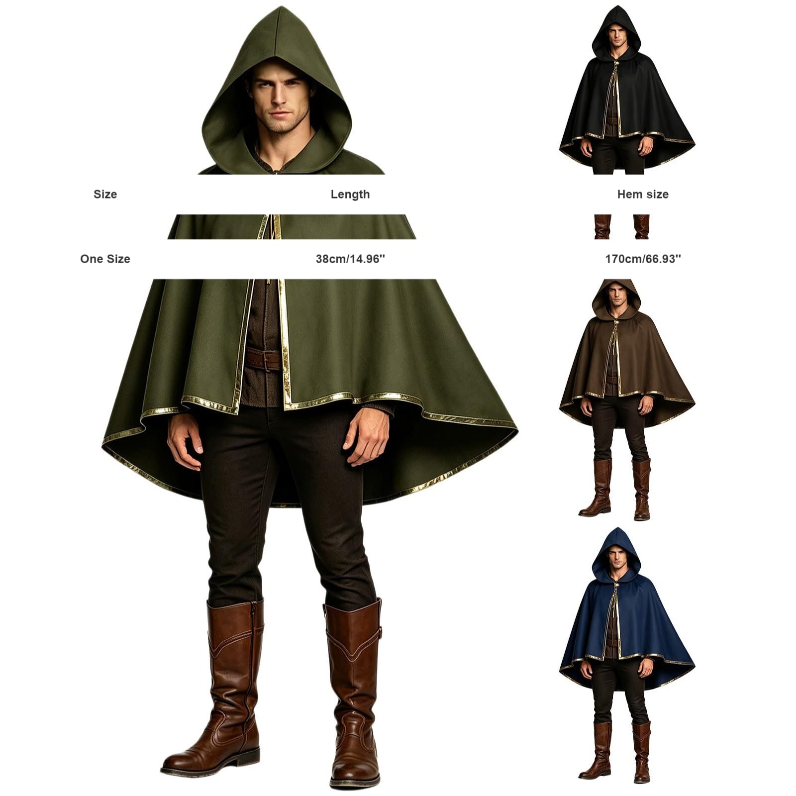 Cape médiévale pour homme avec capuche Renaissance Costume d'Halloween